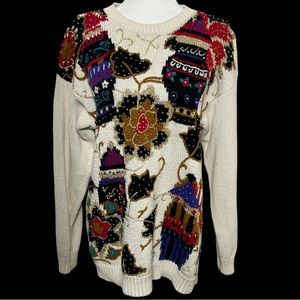 Vintage 1993 Casual Corner Beaded Oversized Granny Knit Sweater Size‎ Medium